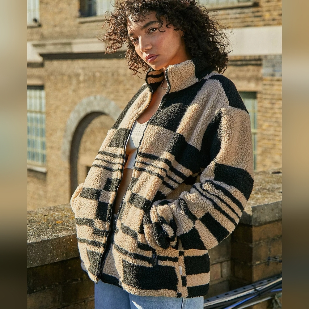 Urban Outfitters Uo Check Sherpa Zip Up Jacket Fleece Retro Unisex Large Y2k